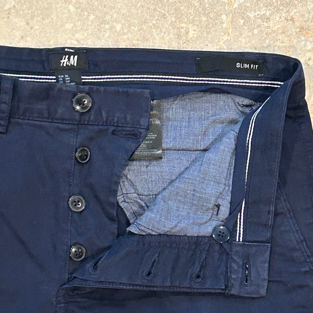 H&M Pant Men 34R Navy Blue Chino Slim Fit Button Fly Preppy Trouser Flat Front
